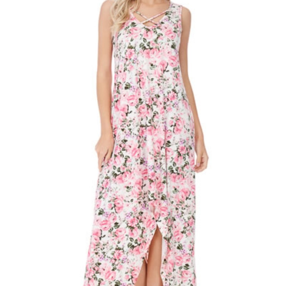 Hi-Low Maxi White Pink Flower Floral Dress